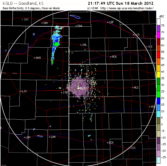 Radar image of smoke from the Heartstrong Fire, 21:17 UTC 18 March 2012