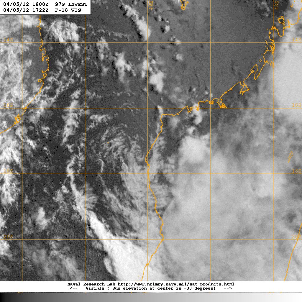 DMSP OLS low-light visible image of Invest 97S, taken at 17:22 UTC, 5 April 2012