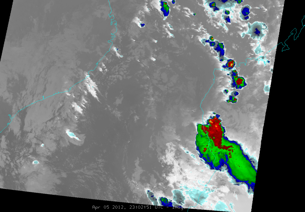 VIIRS channel I-5 image of Invest 97S, taken at 23:02 UTC, 5 April 2012