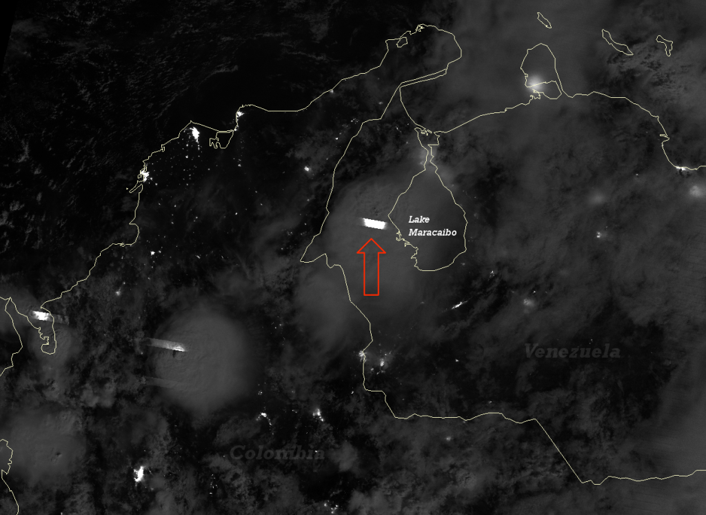 VIIRS Day/Night Band image of thunderstorms near Lake Maracaibo, Venezuela taken 06:44 UTC 10 May 2012