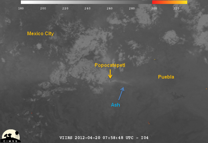 Image of Popocatépetl from VIIRS channel I-04, 07:58 UTC 20 April 2012