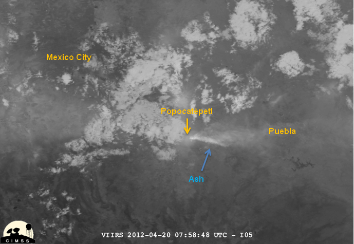 Image of Popocatépetl from VIIRS channel I-05, 07:58 UTC 20 April 2012