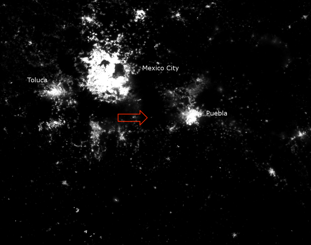 VIIRS Day/Night Band image of the Popocatépetl eruption from 07:58 UTC 20 April 2012