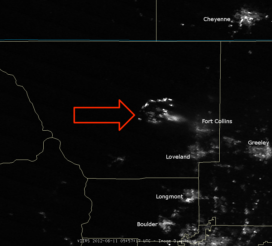 Day/Night Band image of the High Park Fire from VIIRS taken 09:58 UTC 11 June 2012