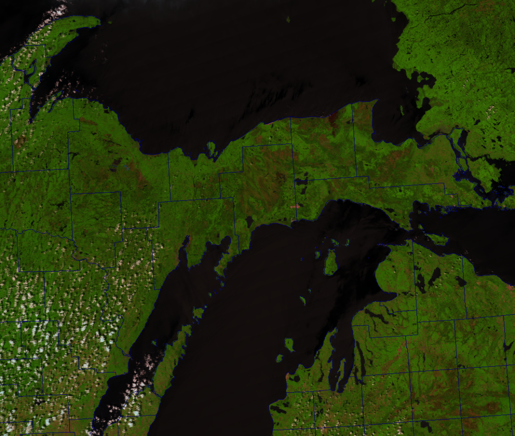 False color RGB composite of VIIRS channels I-01 (blue), I-02 (green) and I-03 (red), taken 18:18 UTC 10 June 2012