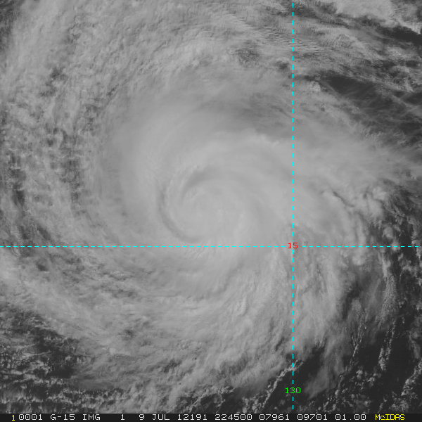 GOES-15 visible image (channel 1) of Hurricane Daniel, taken 22:45 UTC 9 July 2012