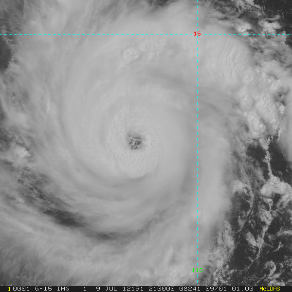 GOES-15 visible image (channel 1) of Hurricane Emilia, taken 21:00 UTC 9 July 2012