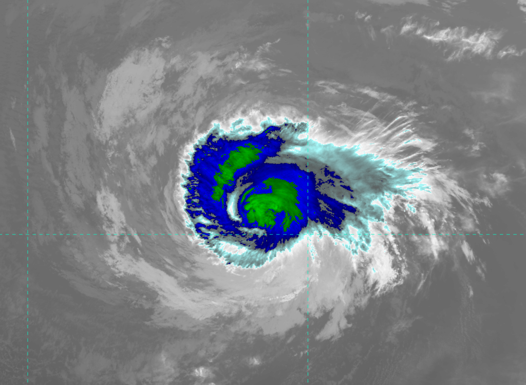 VIIRS IR image (channel M-15) of Hurricane Daniel, taken 22:29 UTC 9 July 2012