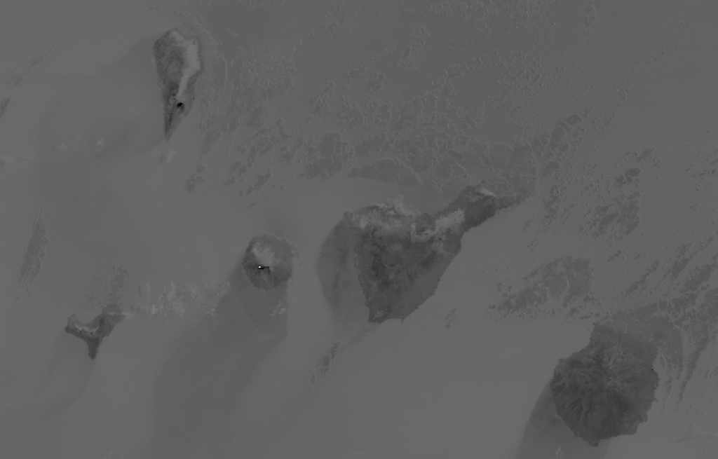 VIIRS channel I-04 image of fires in the Canary Islands, taken 14:01 UTC 5 August 2012