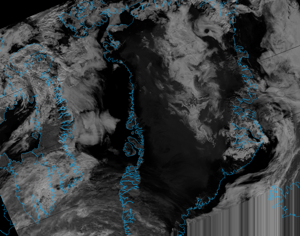 VIIRS channel M-10 reflectance image of Greenland, taken 14:35 UTC 8 July 2012