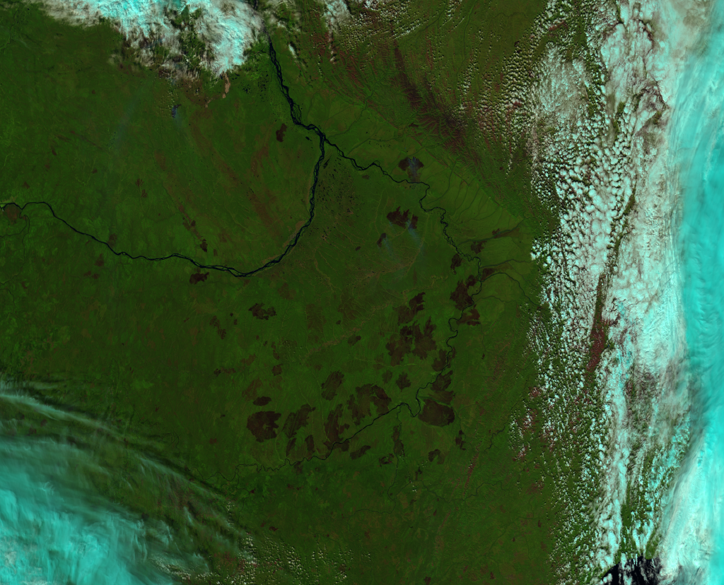 False color (or "pseudo-true color") image of fires in Siberia from VIIRS channels I-01, I-02 and I03, taken 03:22 UTC 7 August 2012