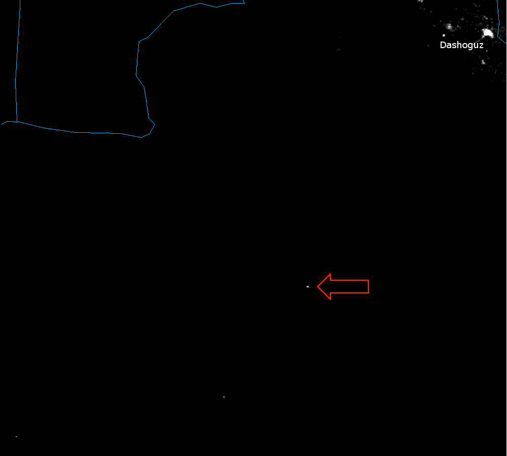 VIIRS Day/Night Band image of the Derweze "Gates of Hell", Turkmenistan, taken 22:26 UTC 13 September 2012