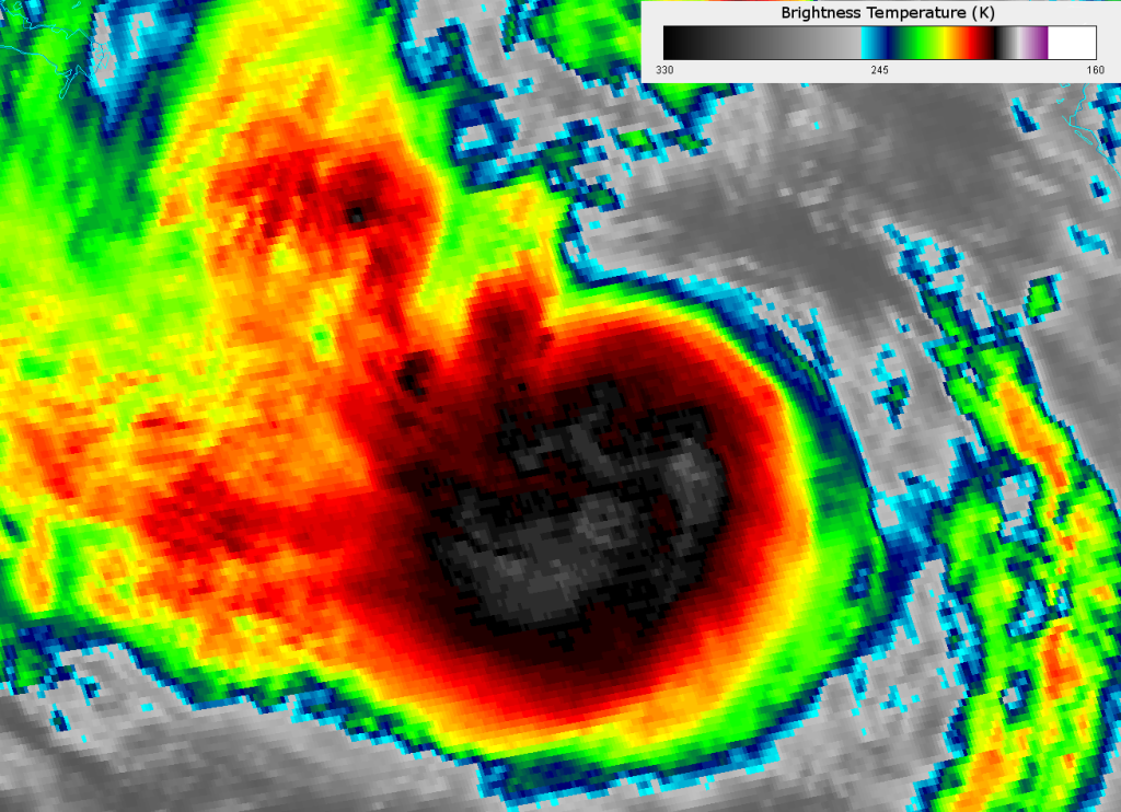 GOES-13 Imager channel 4 image of Tropical Storm Isaac, taken 18:45 UTC 27 August 2012