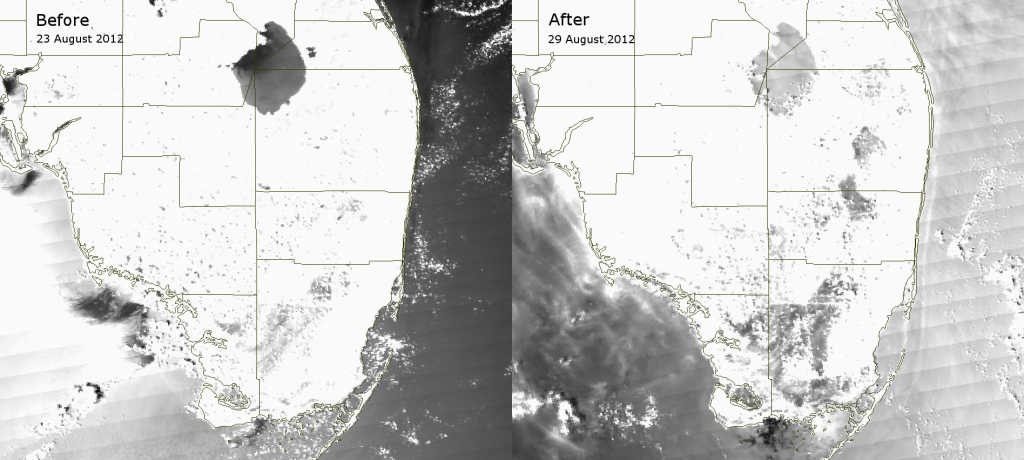 VIIRS channel M-06 images of southern Florida taken before and after Tropical Storm Isaac (2012)