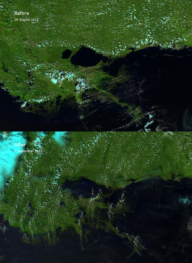 False color RGB composites of VIIRS channels I-01, I-02 and I-03 of southeast Louisiana