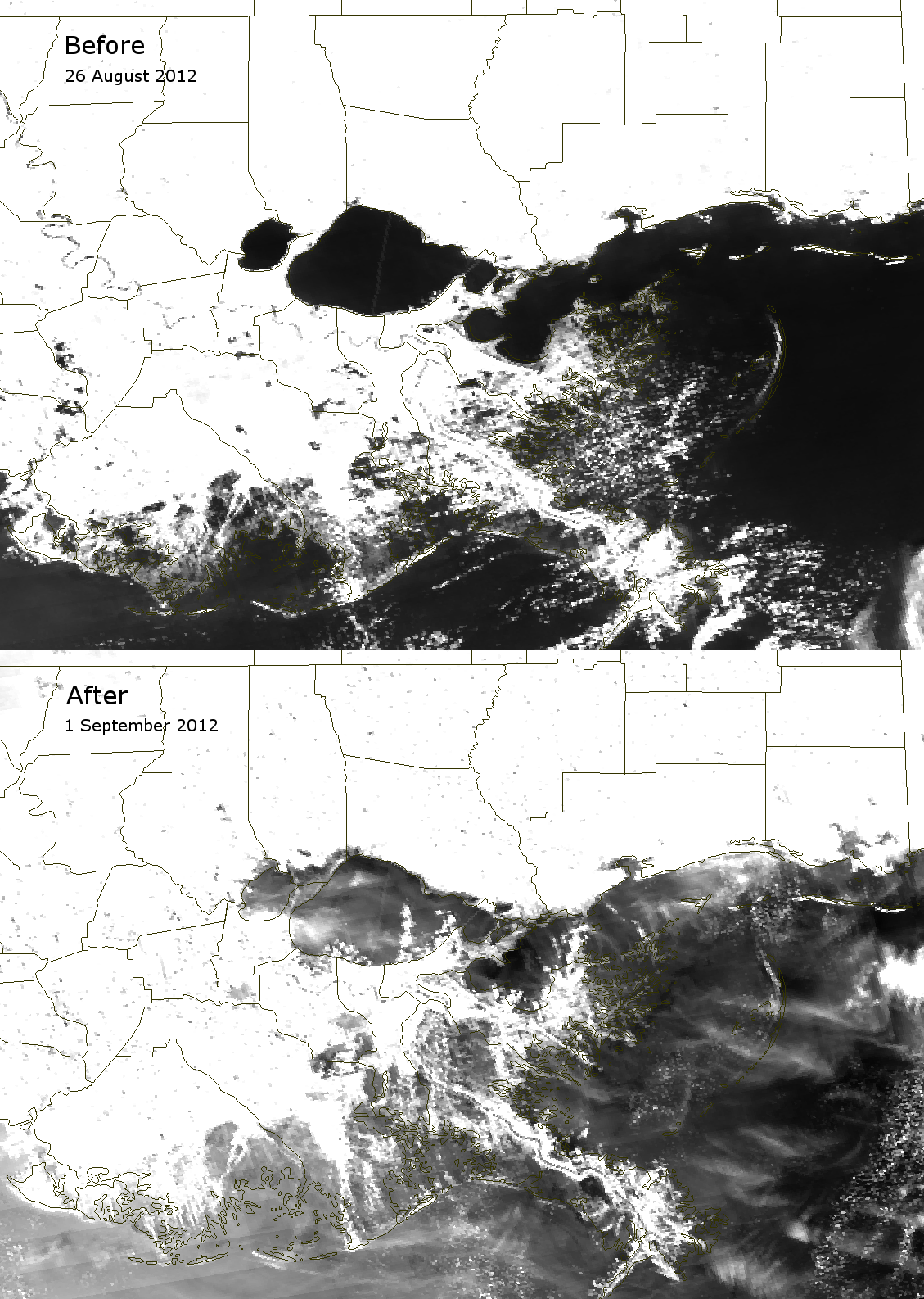 VIIRS channel M-06 images of southeastern Louisiana taken before and after Hurricane Isaac (2012)