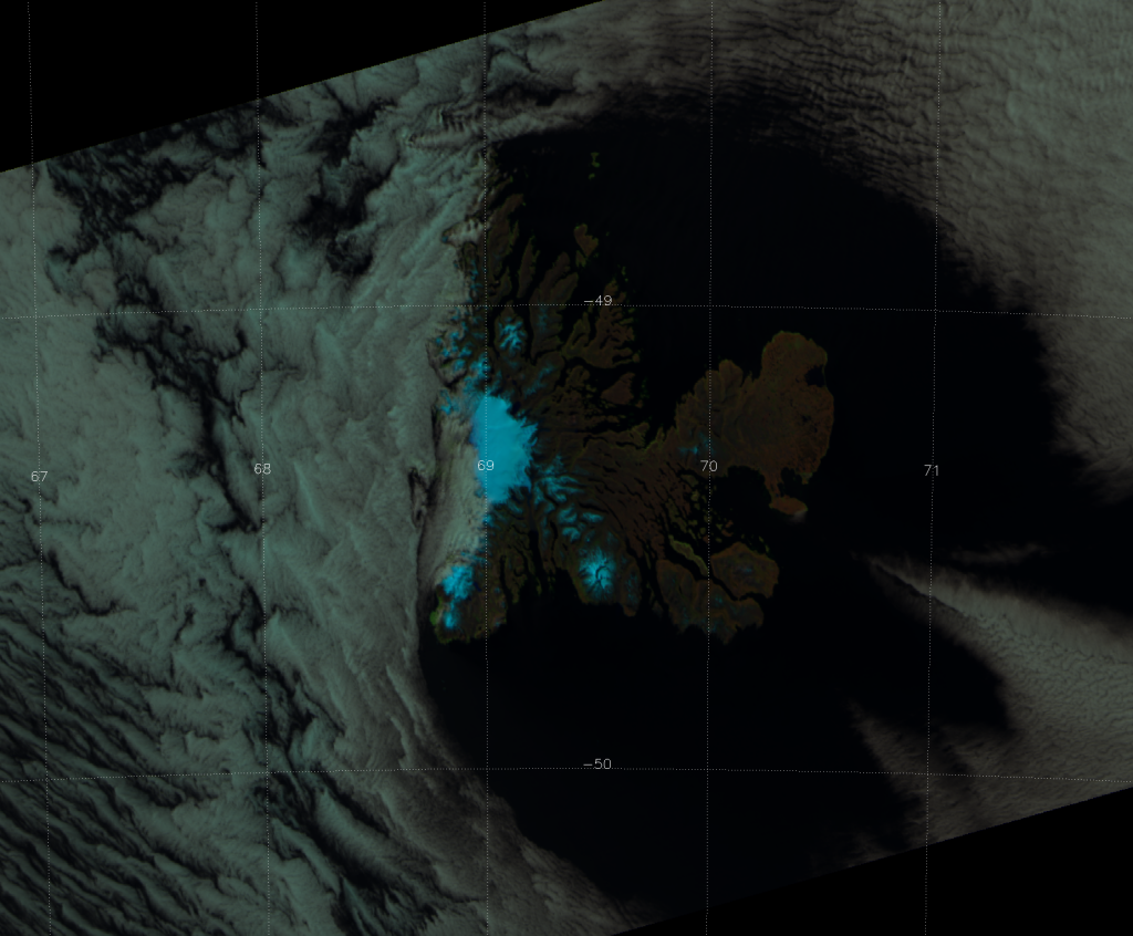 VIIRS false-color RGB composite of channels I-01, I-02 and I-03 taken 09:16 UTC 27 October 2012