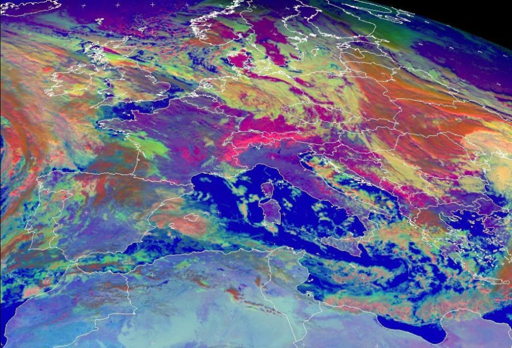 Meteosat-9 "Daytime Microphysics" RGB composite of central Europe, taken 12:00 UTC 12 December 2012