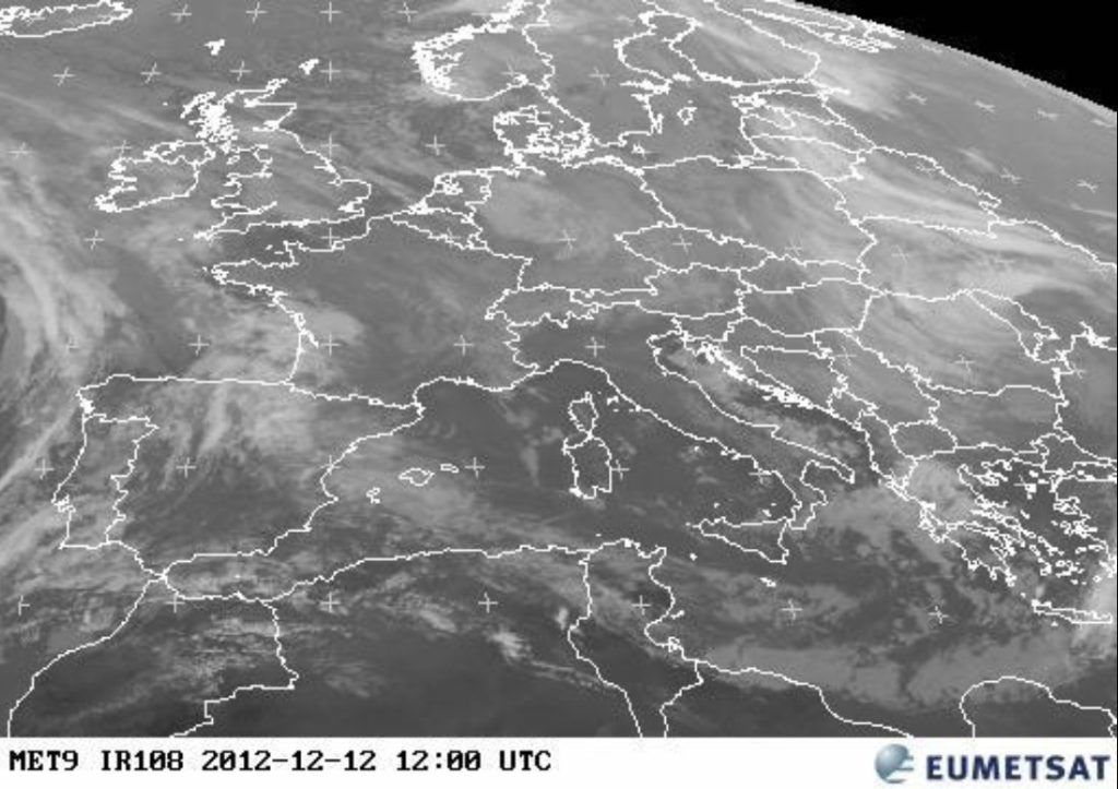 Meteosat-9 IR-window image of central Europe, taken 12:00 UTC 12 December 2012