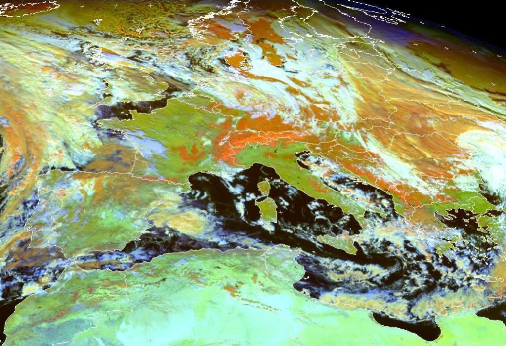 Meteosat-9 "Snow" RGB composite of central Europe, taken 12:00 UTC 12 December 2012