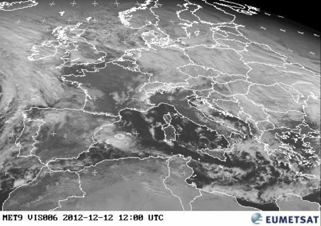 Meteosat-9 visible image of central Europe, taken 12:00 UTC 12 December 2012