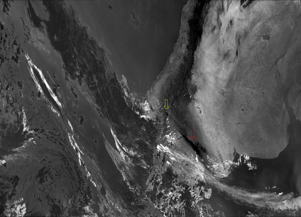 VIIRS "split window difference" image (M-15 - M-16) taken 18:38 UTC 22 December 2012