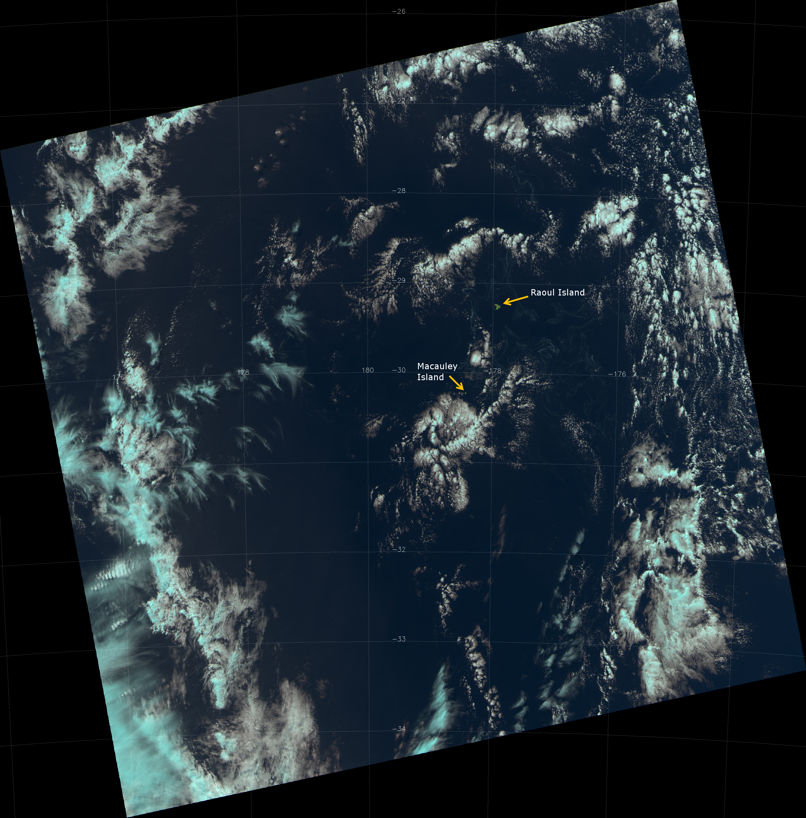 False color RGB composite of VIIRS channels I-01, I-02 and I-03, taken 01:40 UTC 27 August 2012