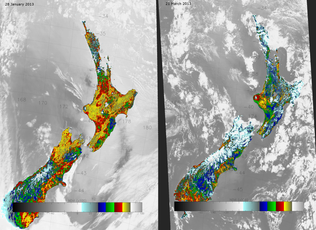 VIIRS NDVI images of New Zealand from 28 January and 21 March 2013