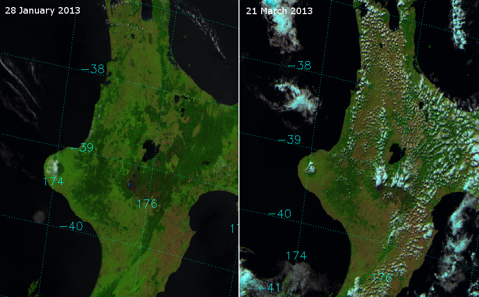 Drought impact on vegetation in the North Island of New Zealand between 28 January and 21 March 2013