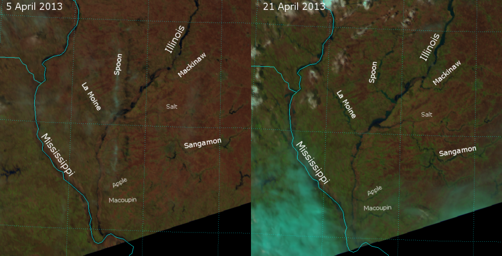 False-color RGB composites of VIIRS channels I-01, I-02 and I-03, taken on 5 April 2013 and 21 April 2013