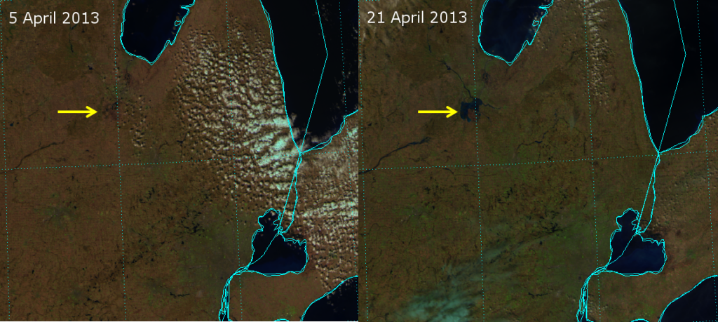 False-color composites of VIIRS channels I-01, I-02 and I-03 from 5 April 2013 and 21 April 2013