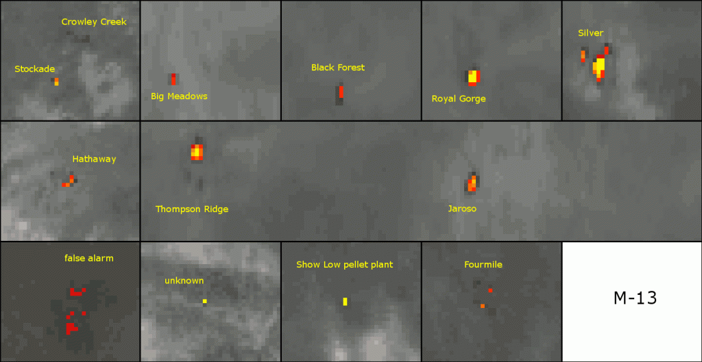 Animation of M-13, True Color, Natural Fire Color and Fire Temperature imagery zoomed in each fire (20:36 UTC 11 June 2013)