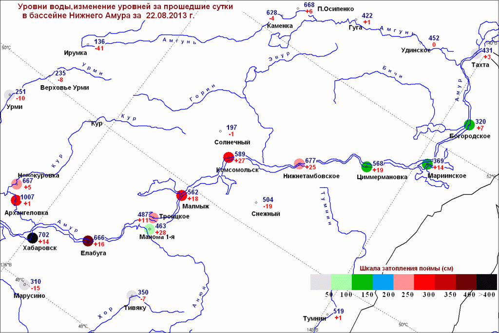 Amur River levels at various locations in Khabarovsk Krai, Russia on 22 August 2013.