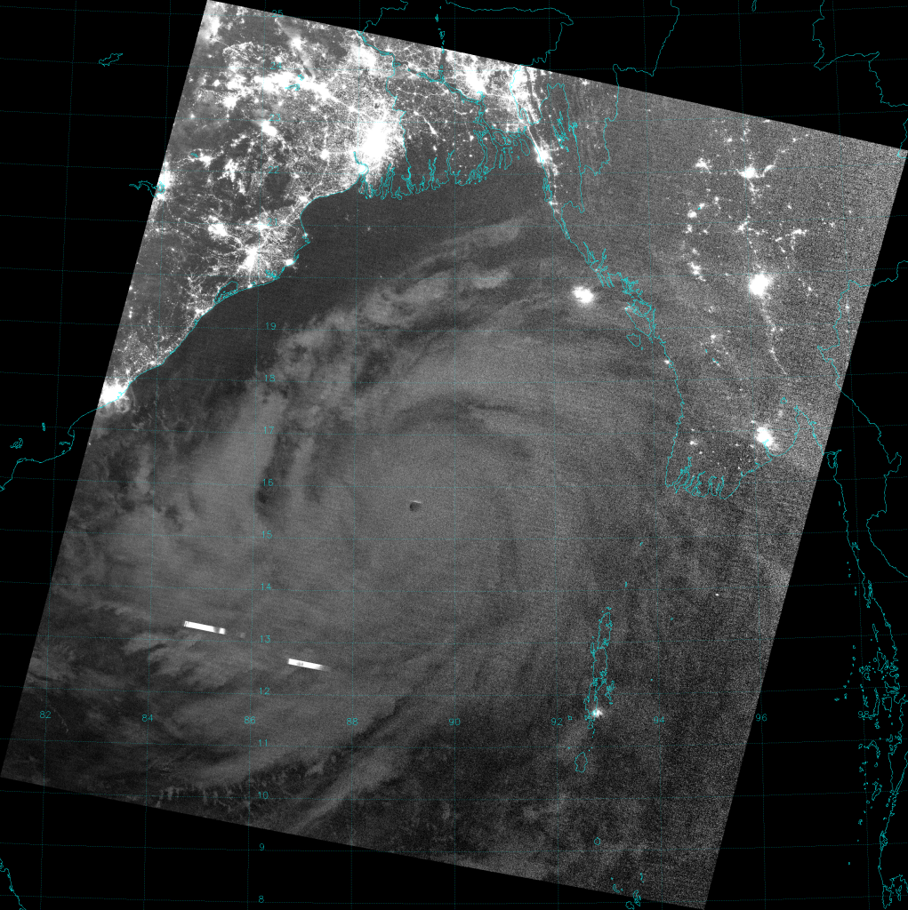 VIIRS Day/Night Band image of Super Cyclone Phailin, taken 20:04 UTC 10 October 2013