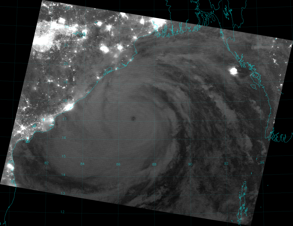 VIIRS Day/Night Band image of Super Cyclone Phailin, taken 19:45 UTC 11 October 2013