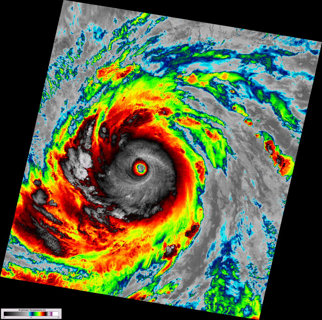 VIIRS channel I-05 image of Super Cyclone Phailin, taken 19:45 UTC 11 October 2013