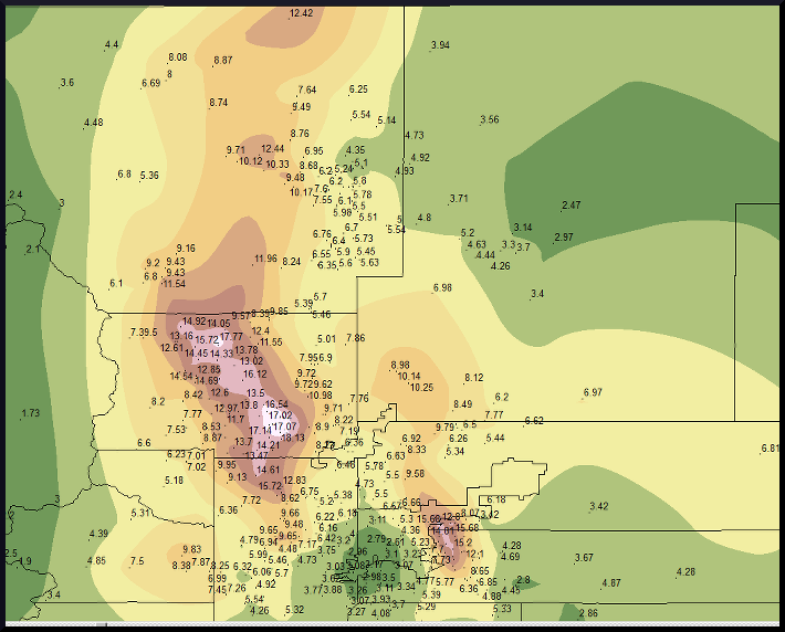 Preliminary rainfall totals over Northern Colorado, 9-16 September 2013