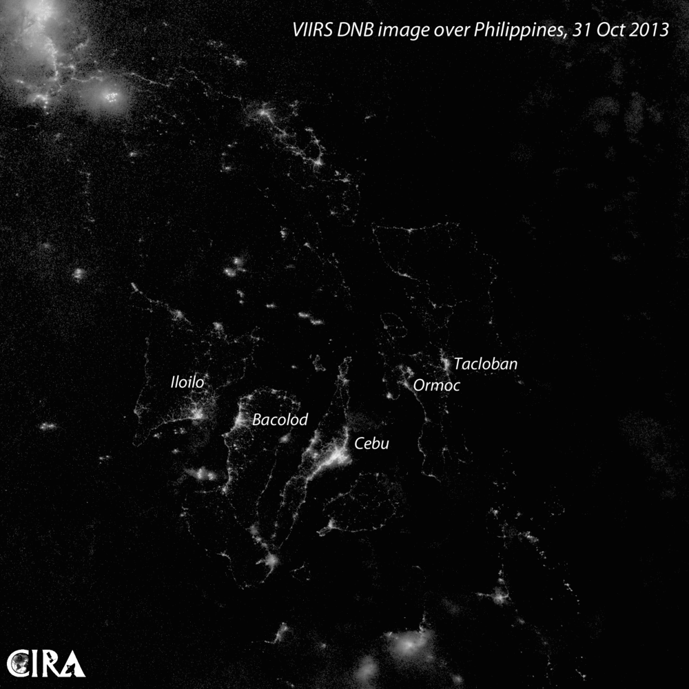 VIIRS Day/Night Band images highlighting power outages caused by Typhoon Haiyan (Yolanda) 2013