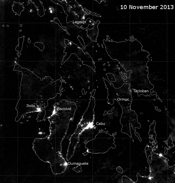 VIIRS Day/Night Band image of the central Philippines, taken 17:02 UTC 10 November 2013