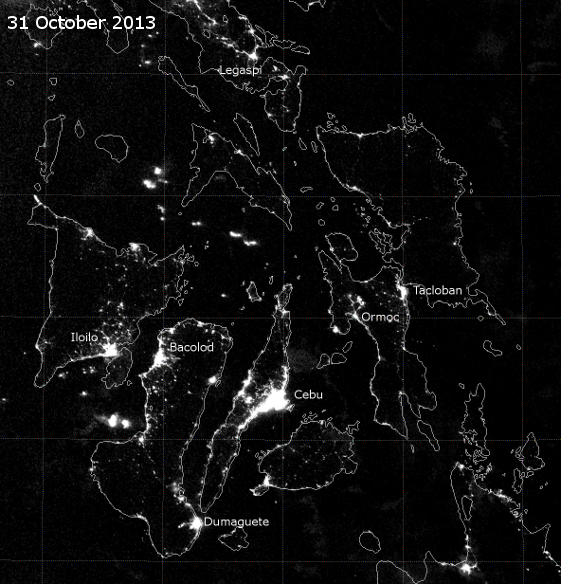 VIIRS Day/Night Band image of the central Philippines, taken 16:50 UTC 31 October 2013