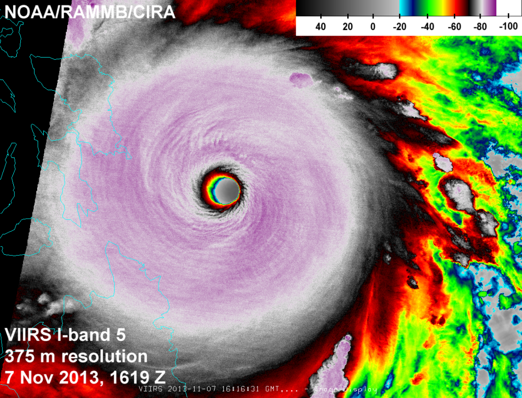 VIIRS infrared (I-5) image of Super Typhoon Haiyan (Yolanda) taken 16:16 UTC 7 November 2013