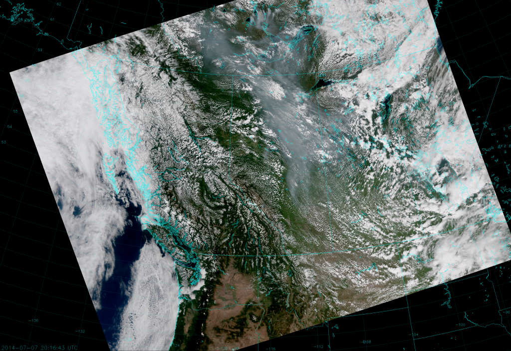 VIIRS True Color RGB composite of channels M-3, M-4 and M-5, taken 20:16 UTC 7 July 2014