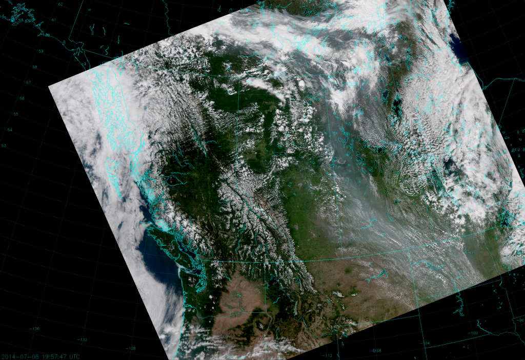 VIIRS True Color RGB composite of channels M-3, M-4 and M-5, taken 19:57 UTC 8 July 2014