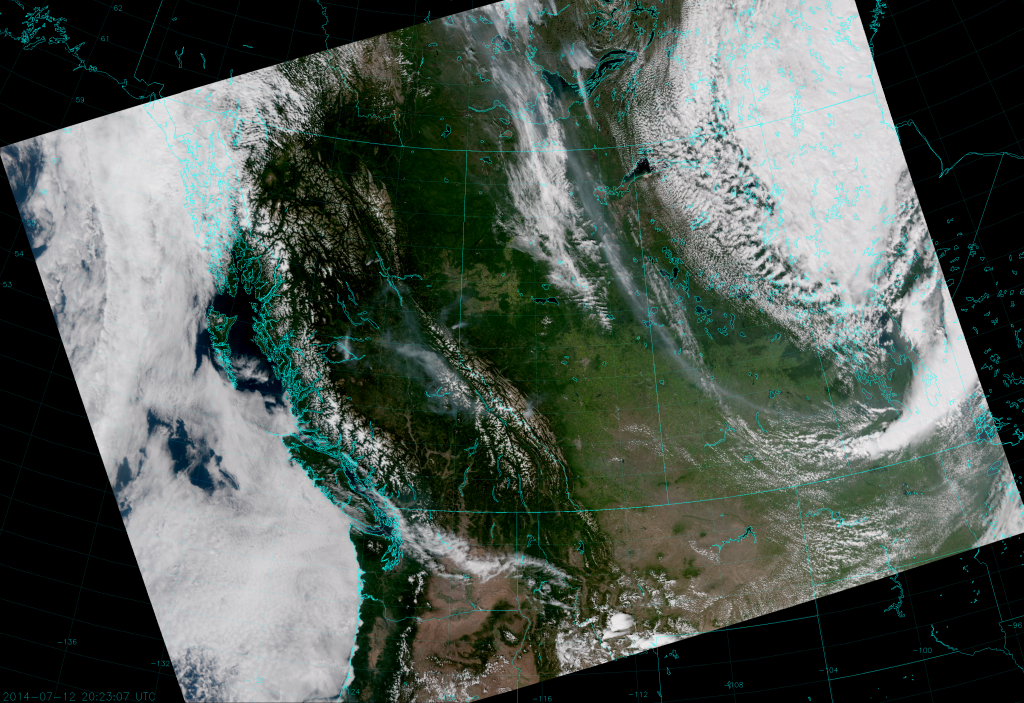 VIIRS True Color RGB composite of channels M-3, M-4 and M-5, taken 20:23 UTC 12 July 2014