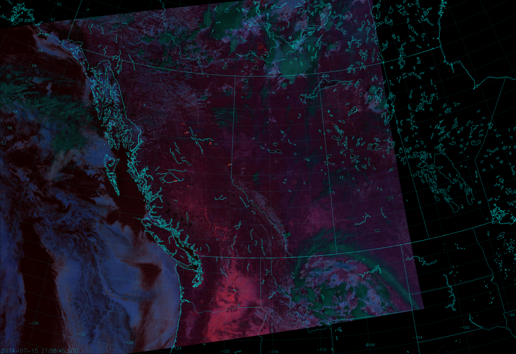 VIIRS Fire Temperature RGB composite of channels M-10, M-11 and M-12, taken 21:08 UTC 15 July 2014