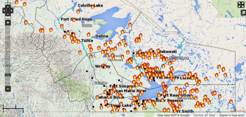 "Live Fire Map" from NWTFire, acquired 17:00 UTC 30 July 2014