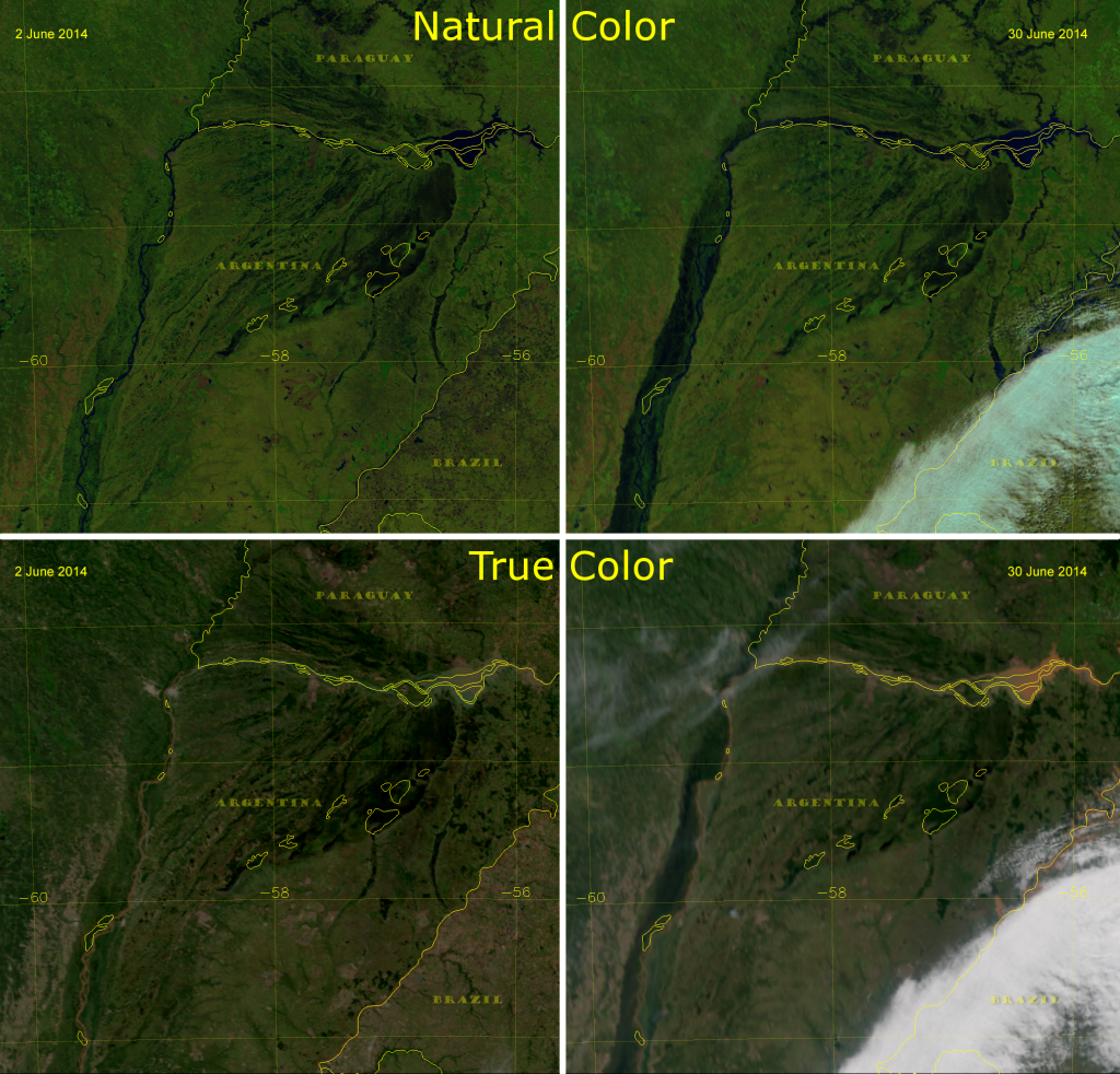 VIIRS Natural Color and True Color images of the Rio Parana, June 2014