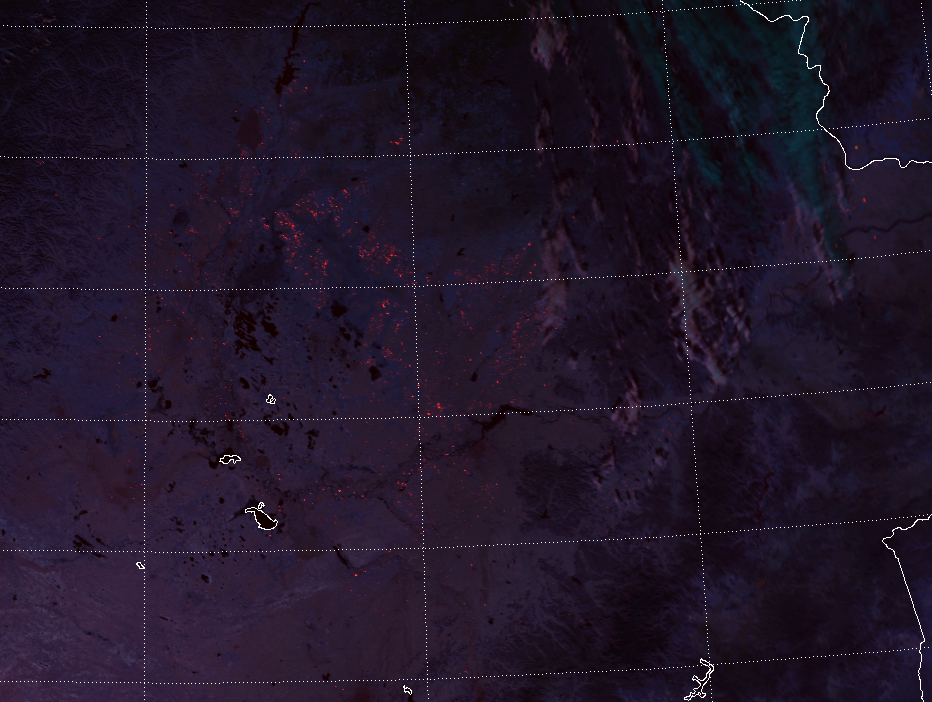 VIIRS Fire Temperature RGB image (as above) but zoomed in and lightened slightly