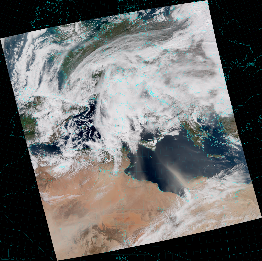 VIIRS True Color RGB composite of channels M-3, M-4 and M-5 (12:09 UTC 28 February 2016)