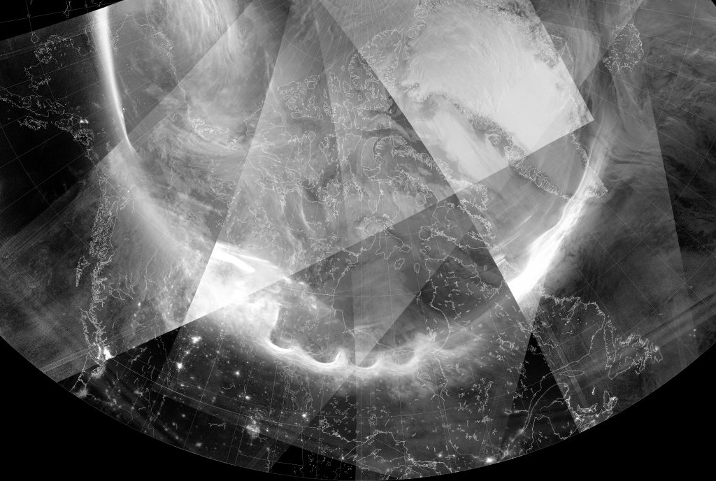 Day/Night Band image composite of 5 consecutive VIIRS orbits (30 August 2016)